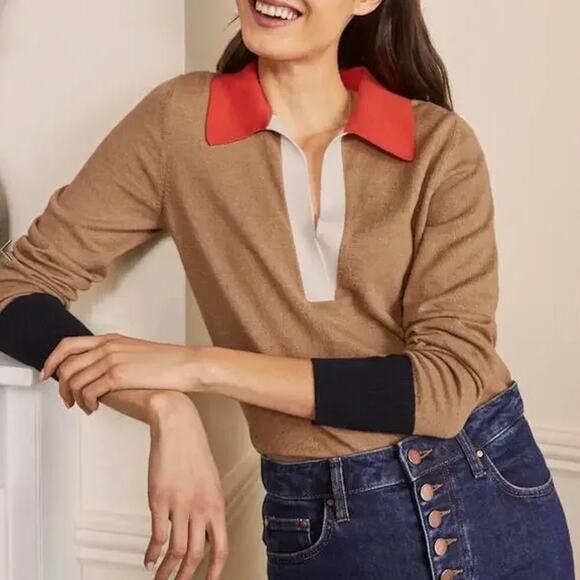 Boden Collar Colorblock Sweater in Camel Melange Size 4 - Picture 1 of 8